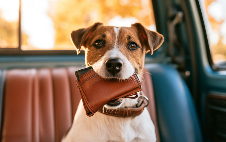 Jack Russell Dog with wallet in his mouth